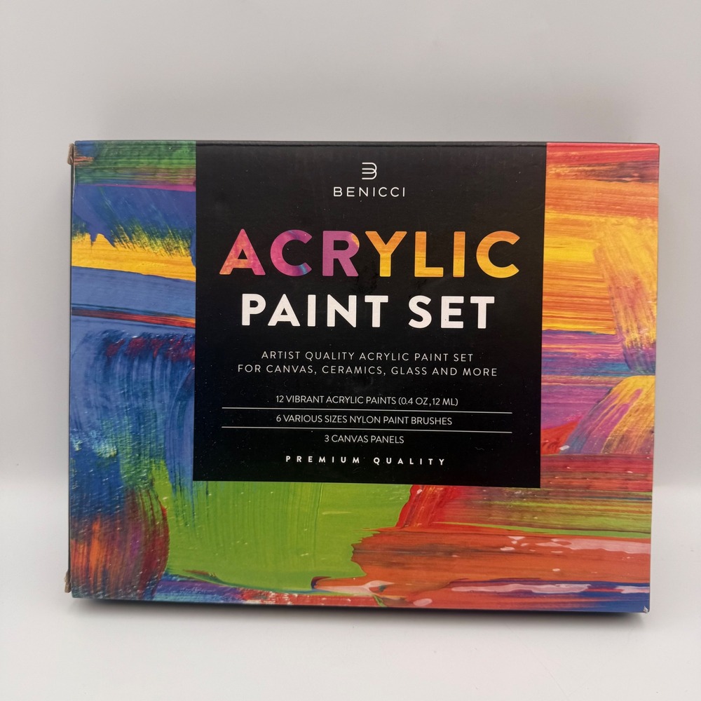 Benicci Acrylic Paint Set 12 Vibrant Colors 6 Nylon Brushes 3 Canvas Panels NEW